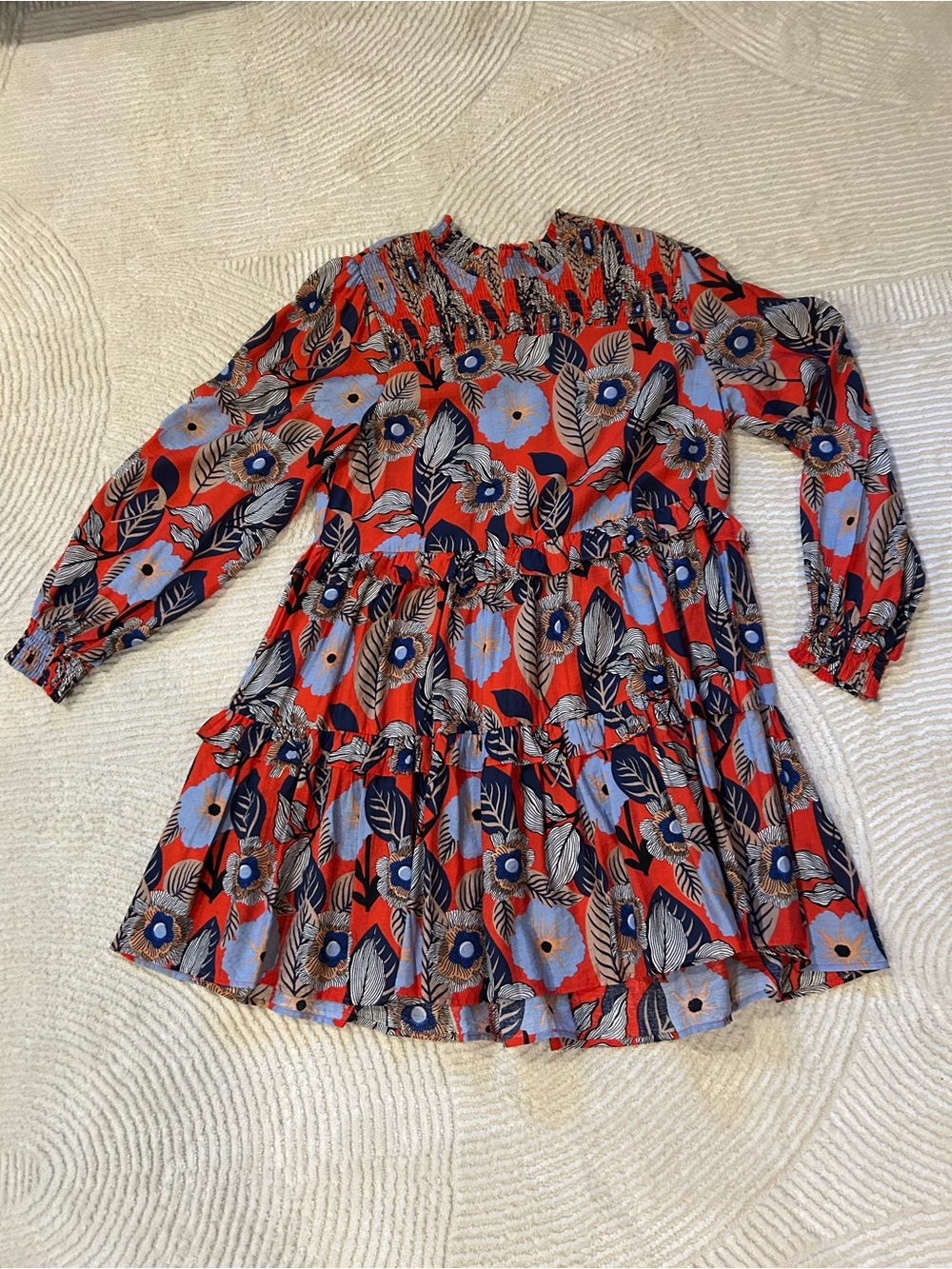 JODIFL Red Floral Long-Sleeve Tiered Dress with Blue Accents